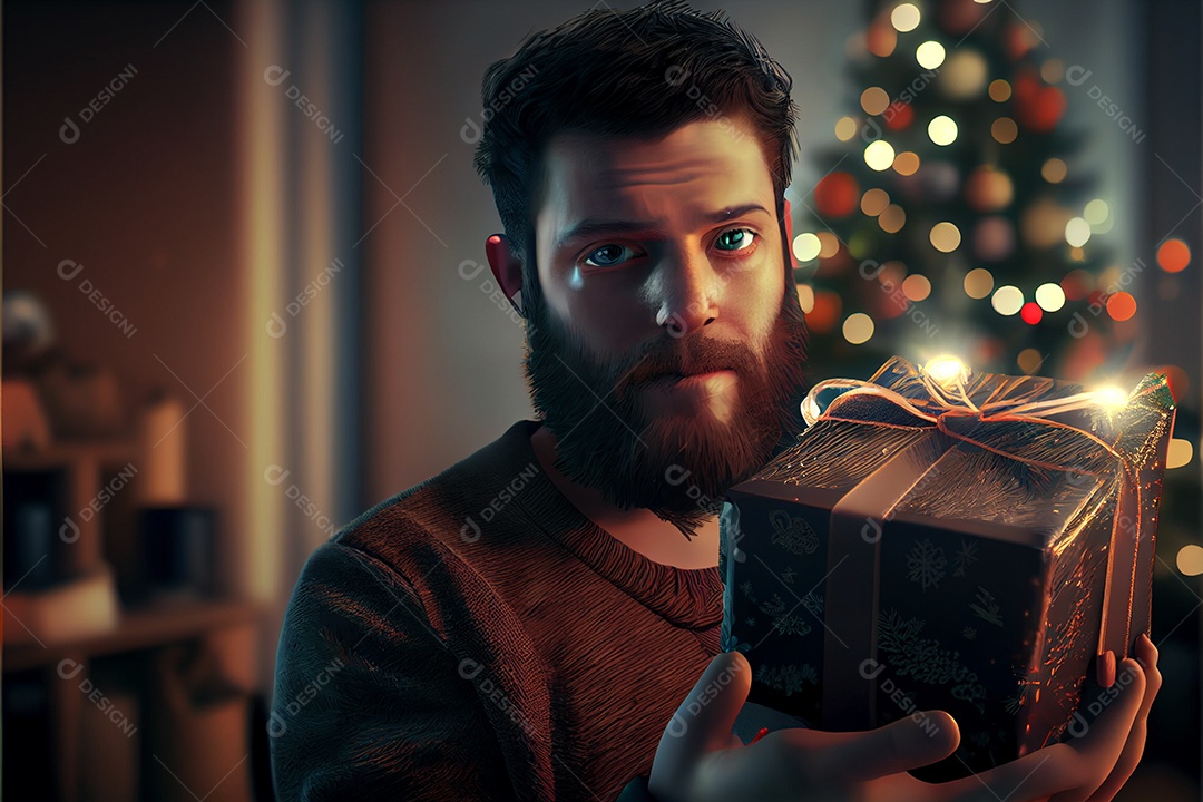 Homem Modelo 3D segurando presente Há uma árvore de Natal decorada ao fundo com luzes
