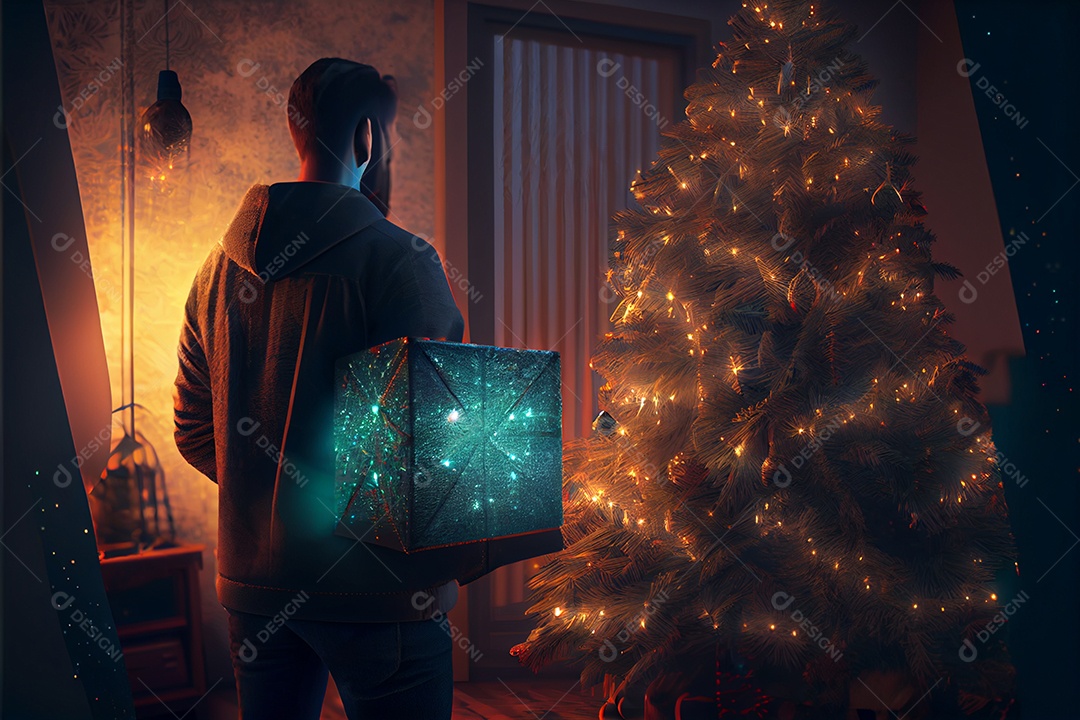 Homem Modelo 3D segurando presente Há uma árvore de Natal decorada ao fundo com luzes