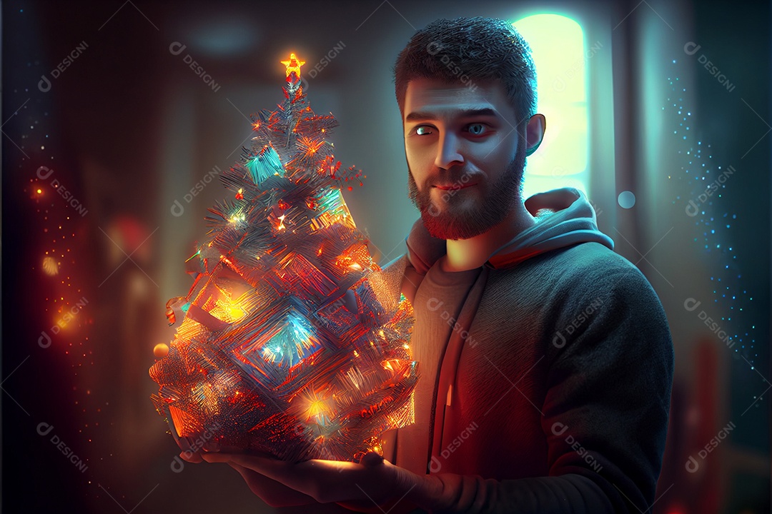 Homem Modelo 3D segurando presente Há uma árvore de Natal decorada ao fundo com luzes