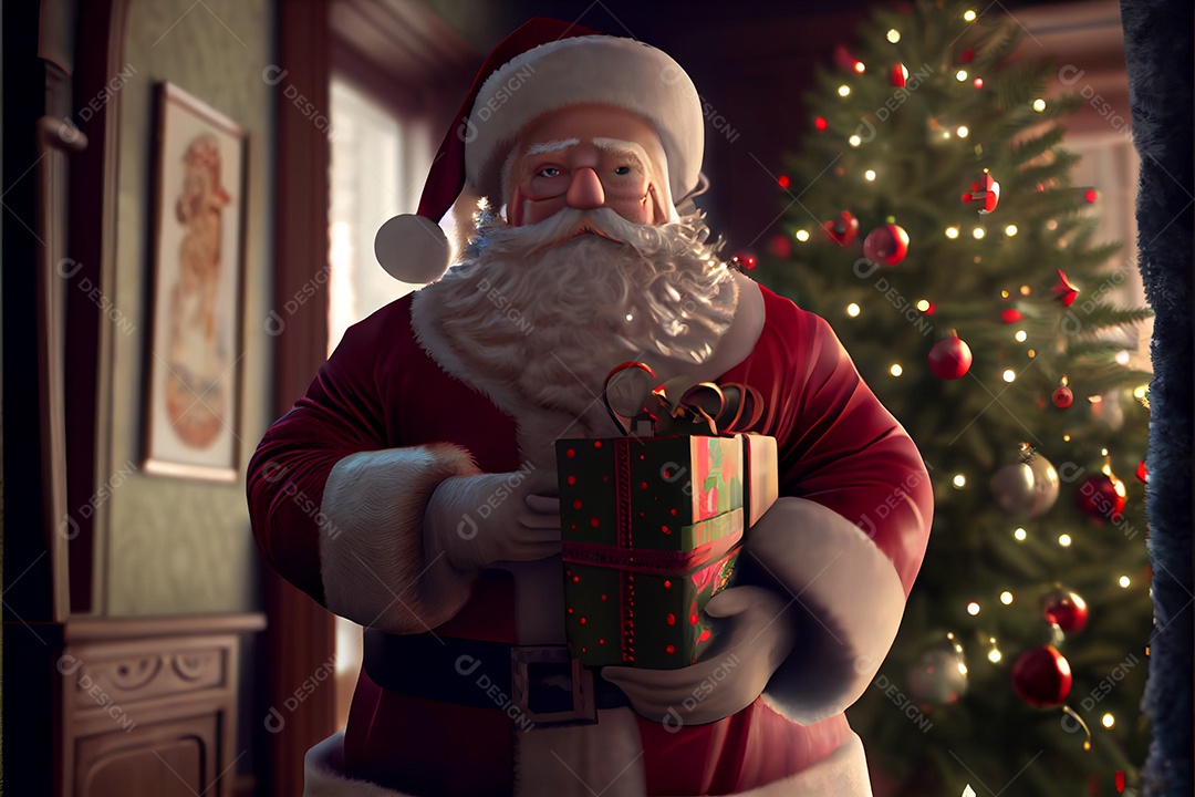 Papai Noel segurando presentes Há uma árvore de Natal decorada ao fundo