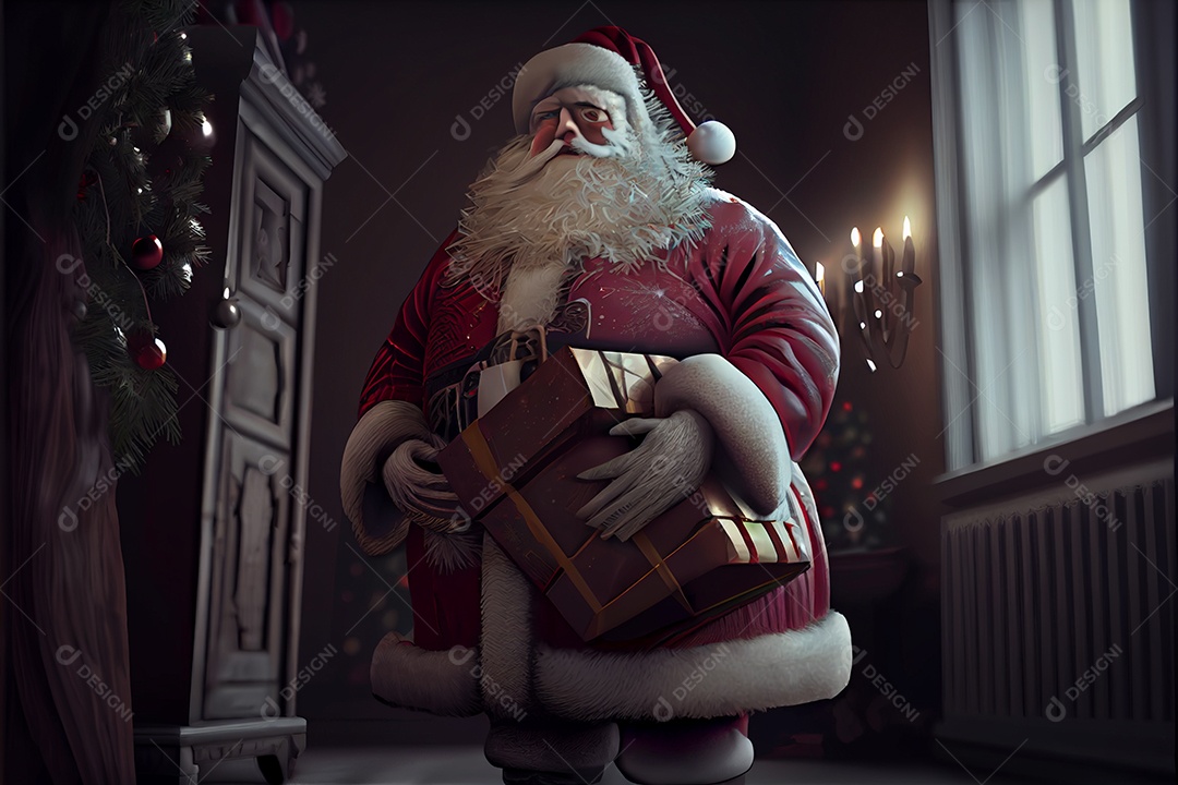 Papai Noel segurando presentes Há uma árvore de Natal decorada ao fundo