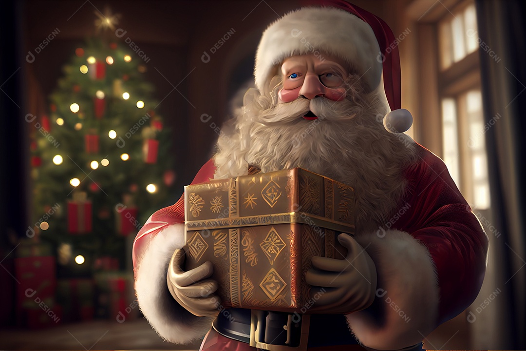 Papai Noel segurando presentes Há uma árvore de Natal decorada ao fundo