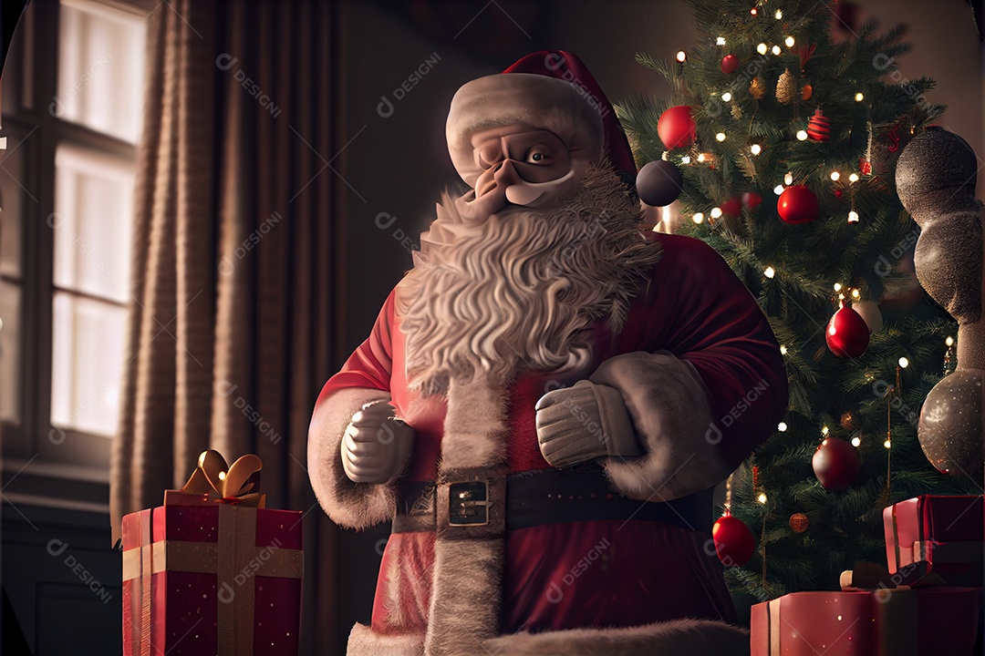 Papai Noel segurando presentes Há uma árvore de Natal decorada ao fundo