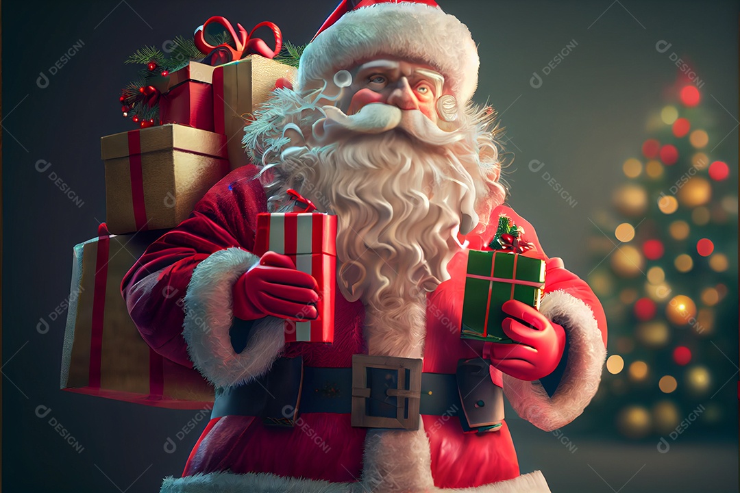 Papai Noel segurando presentes Há uma árvore de Natal decorada ao fundo