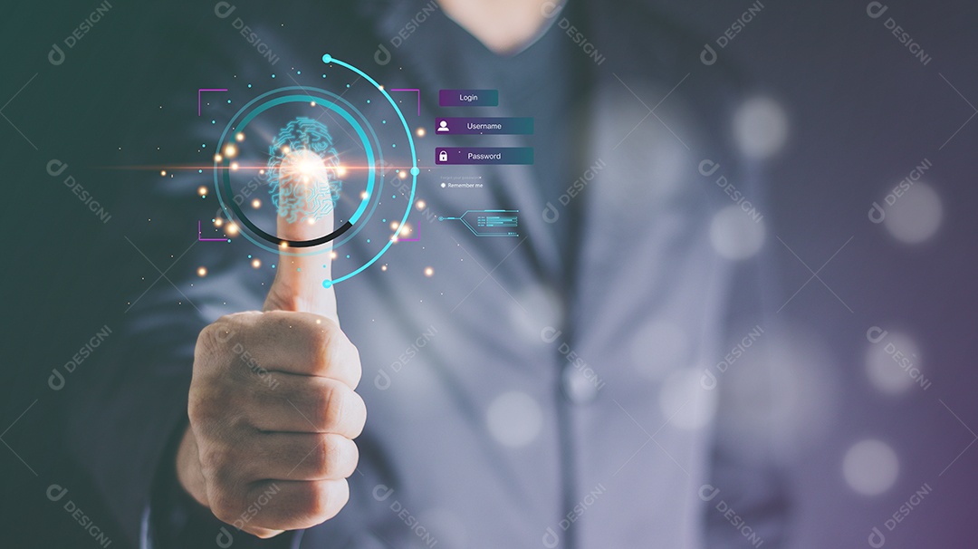 Empresário digitalizar identidade biométrica de impressão digital e aprovação.