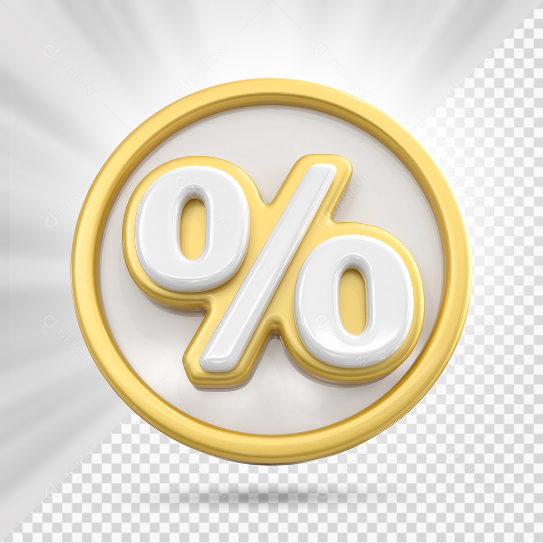 Ícone de Porcentagem Branco e Dourado Elemento 3D para Composição PSD