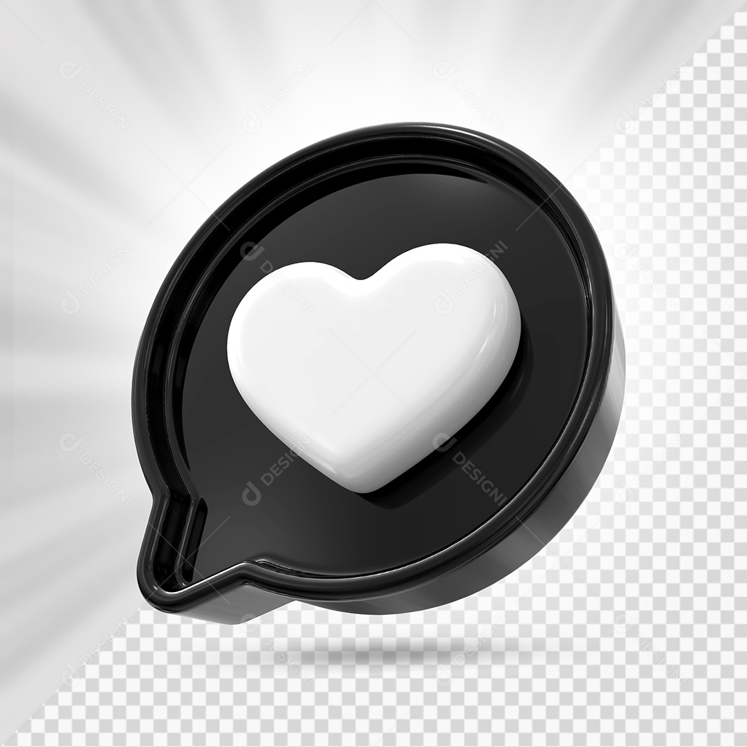 Emoji de Coração Branco e Preto Elemento 3D para Composição PSD
