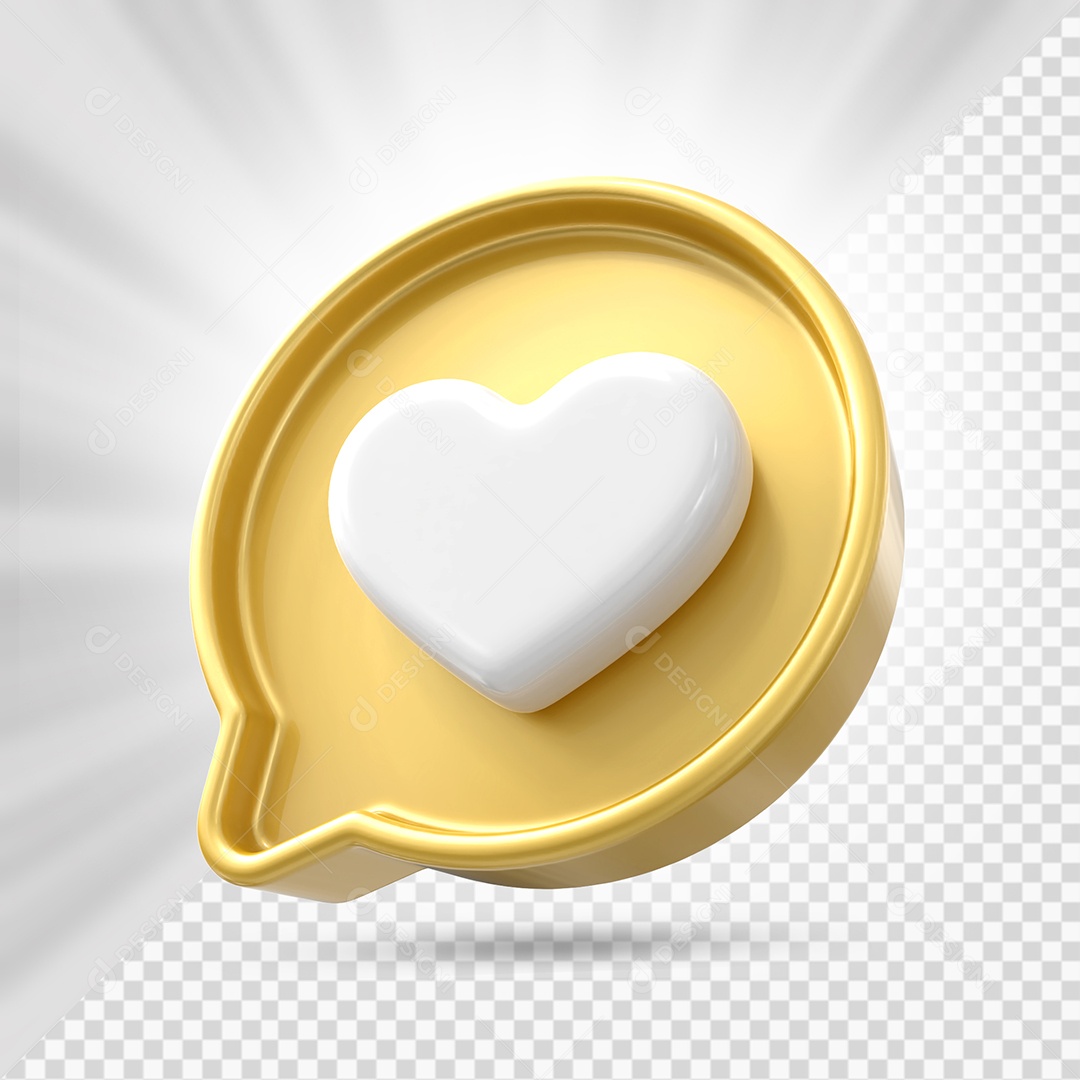 Emoji de Coração Branco e Dourado Elemento 3D para Composição PSD