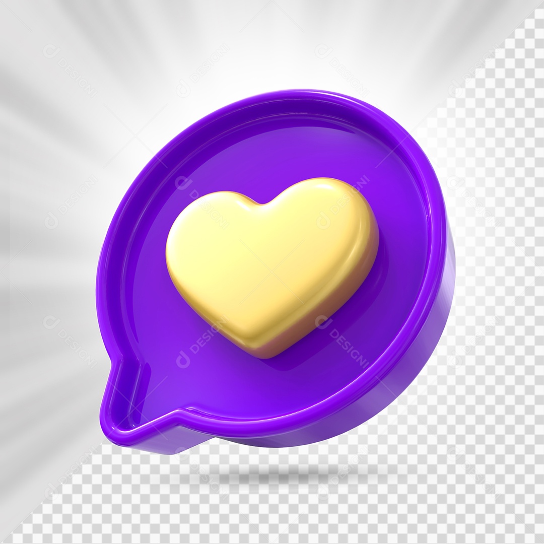 Emoji de Coração Dourado e Roxo Elemento 3D para Composição PSD