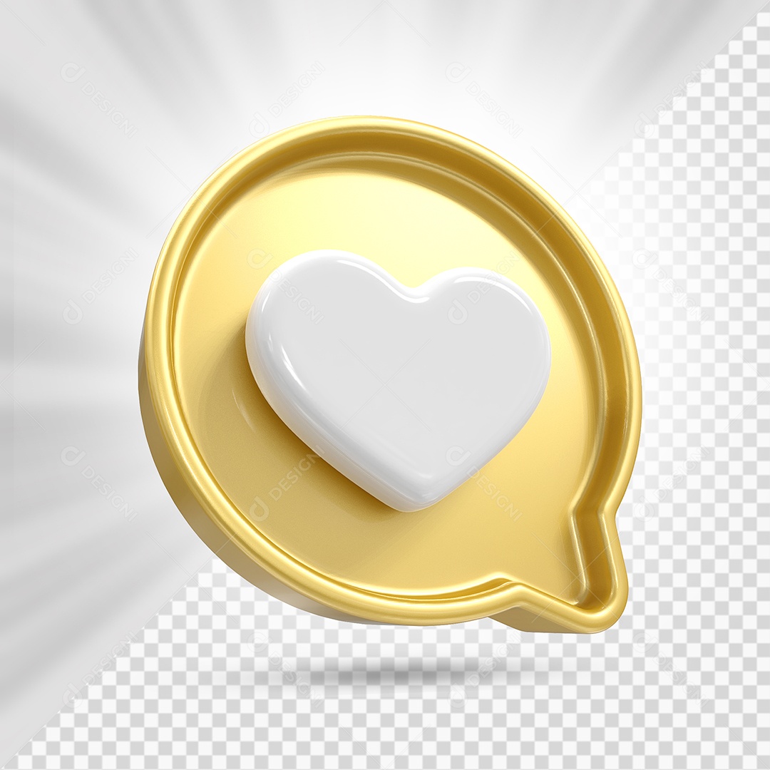 Emoji de Coração Branco e Dourado Elemento 3D para Composição PSD