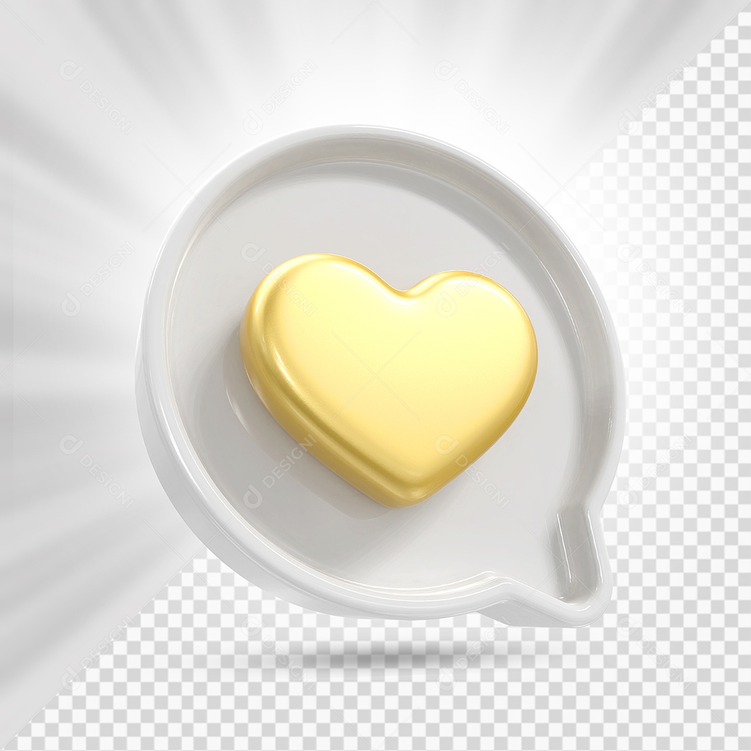 Emoji de Coração Dourado e Branco Elemento 3D para Composição PSD