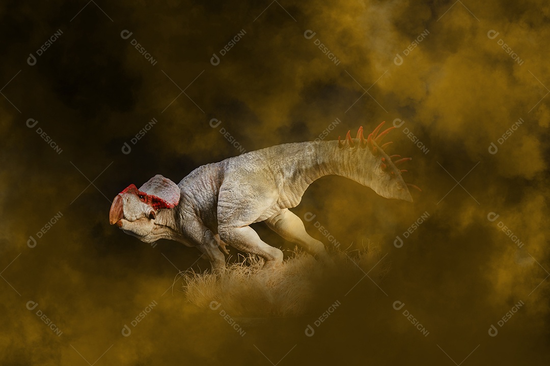 Protoceratops, dinossauro em fundo de fumaça