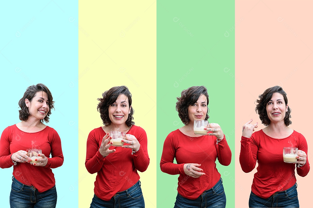 Mosaico de fotos de uma brasileira, segurando uma xícara de cappuccino