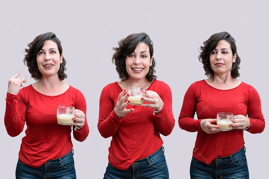 Mosaico de fotos de uma brasileira segurando uma xícara de cappuccino