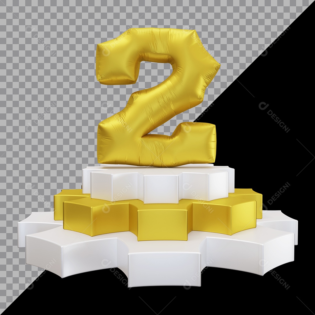 Número 3D 2 Dourado em Pódio Elemento Para Composição