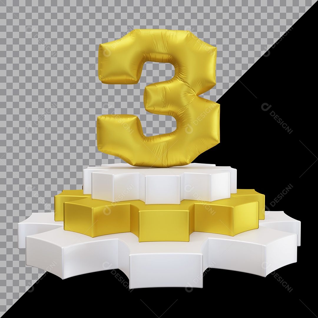 Número 3D 3 Dourado em Pódio Elemento Para Composição