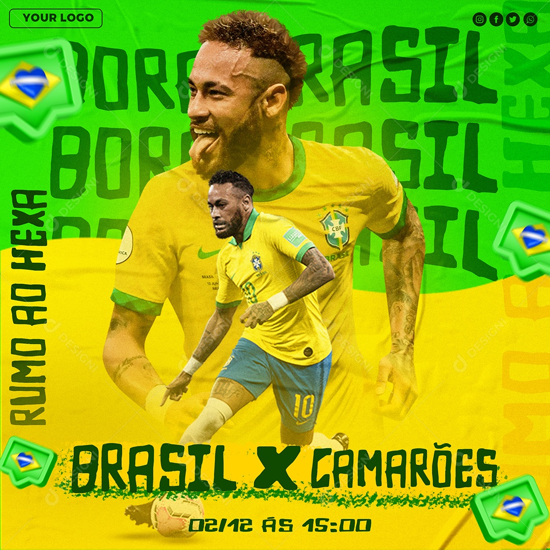 Social Media Flyer Futebol Copa do Mundo Brasil X Camarões PSD Editável