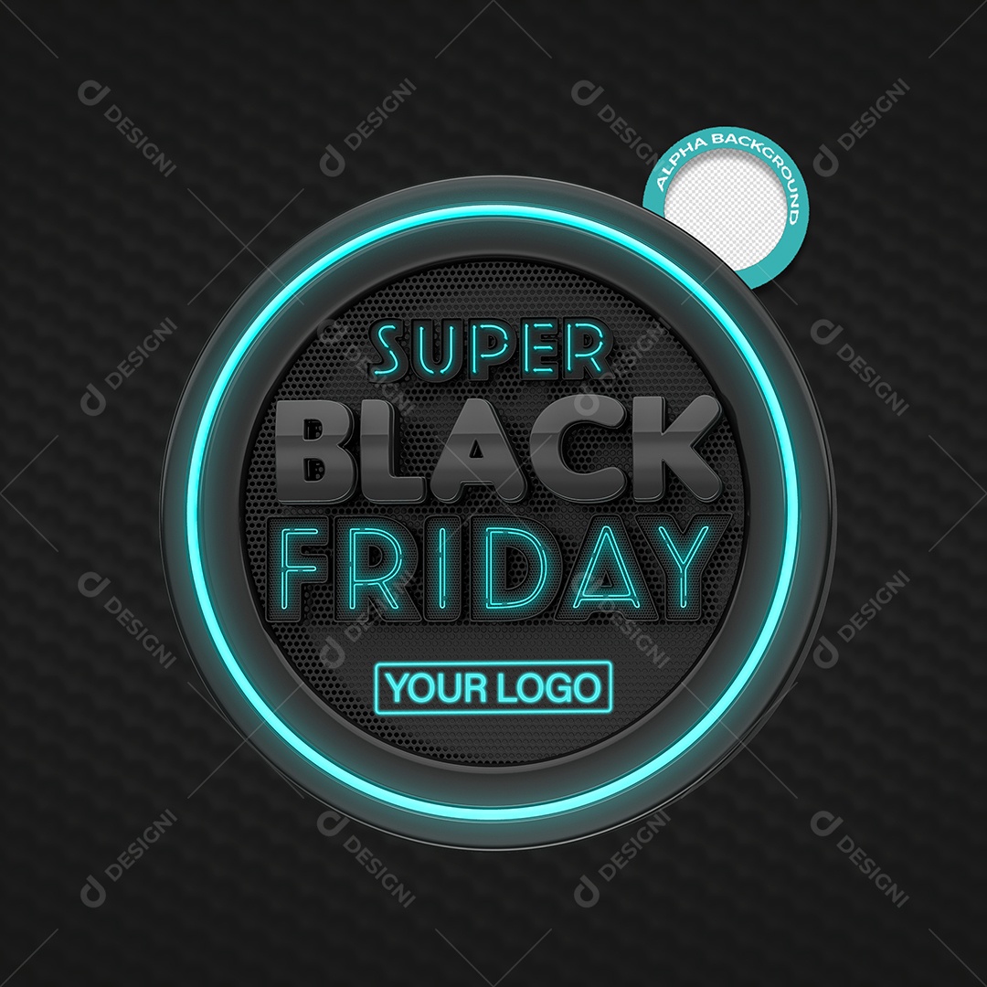 Super Black Friday Selo 3D Preto com Luz Neon Azul Marinho para Composição PSD