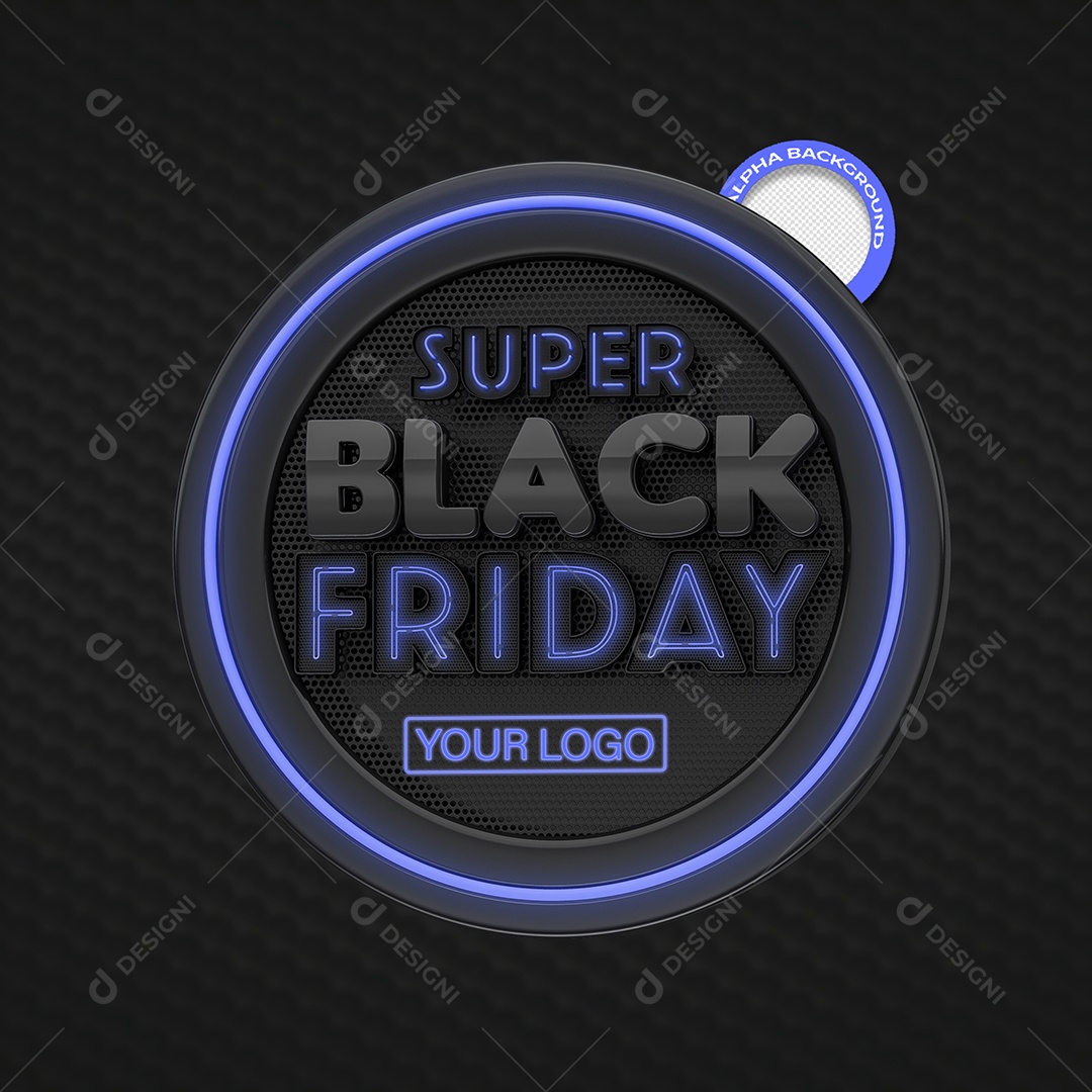 Super Black Friday Selo 3D Preto com Luz Neon Azul para Composição PSD