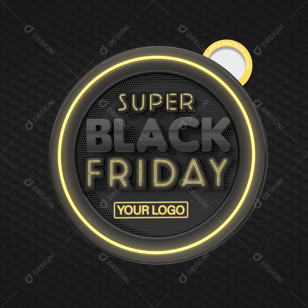 Super Black Friday Selo 3D Preto com Luz Neon Amarela para Composição PSD