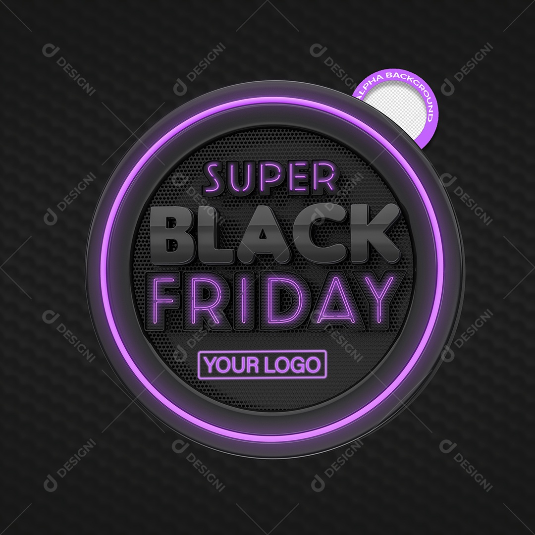Super Black Friday Selo 3D Preto com Luz Neon Roxa para Composição PSD