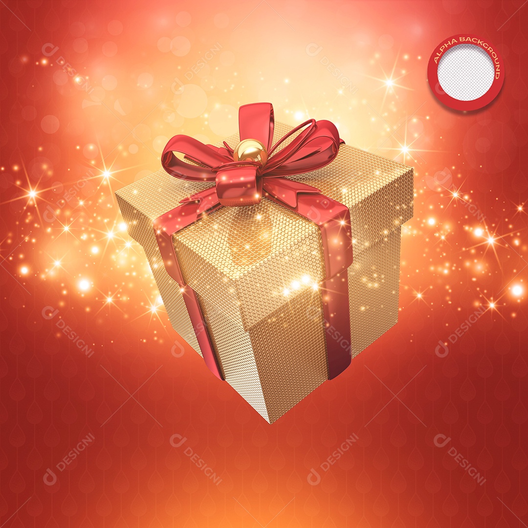 Caixa de Presente Elemento 3D Dourado com Laço Vermelho para Composição PSD