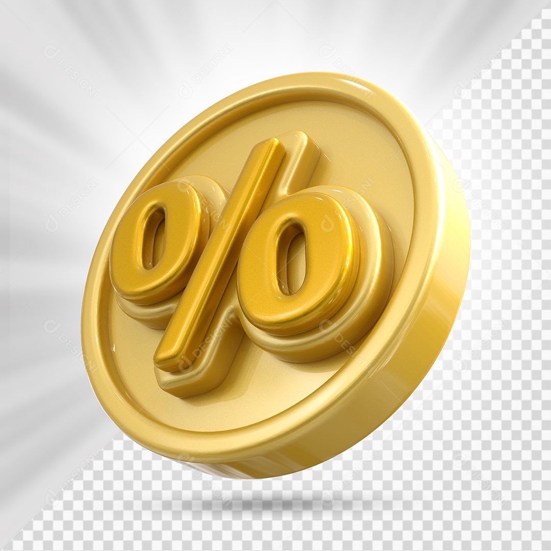 Ícone de Porcentagem Amarelo e Dourado Elemento 3D para Composição PSD