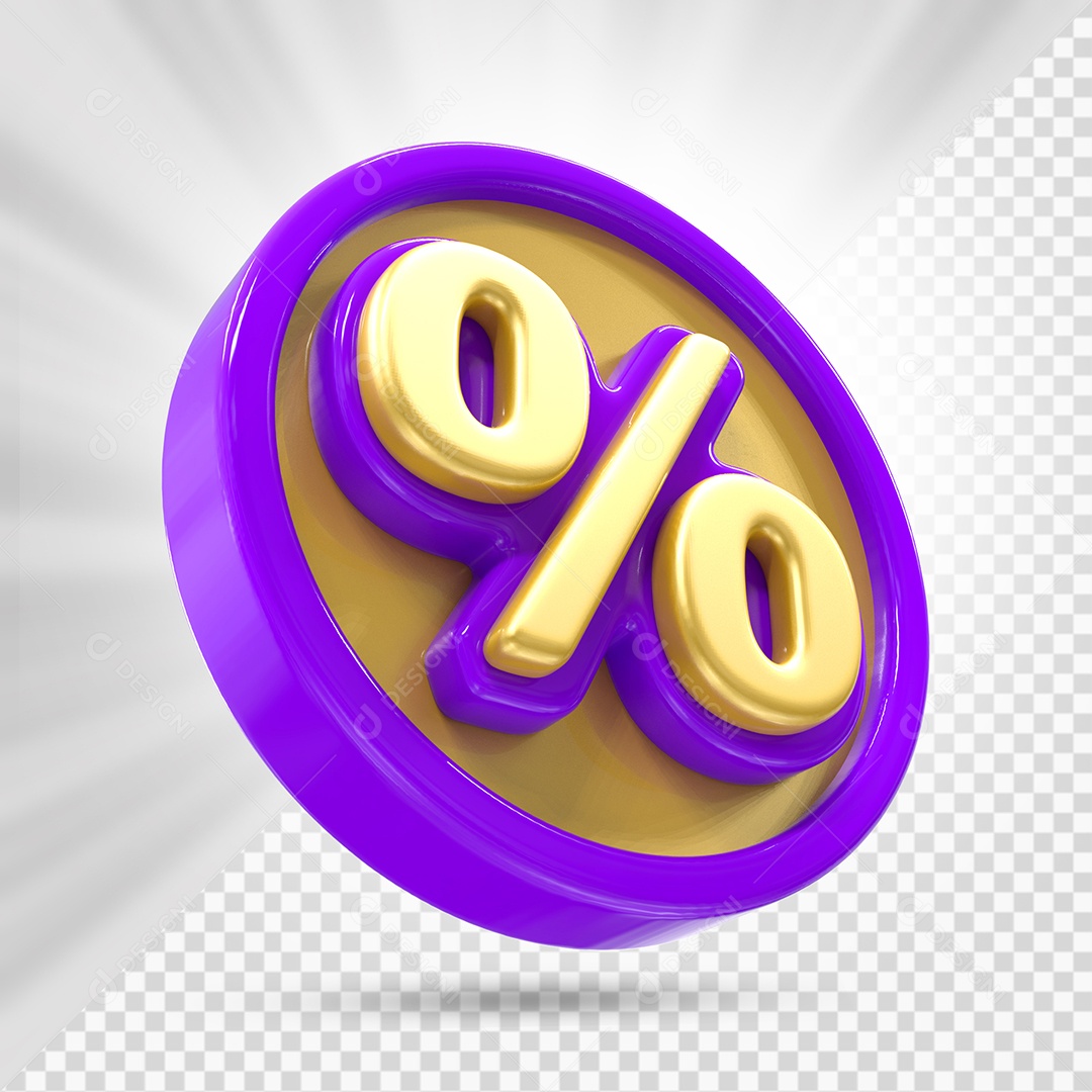 Ícone de Porcentagem Dourado e Roxo Elemento 3D para Composição PSD