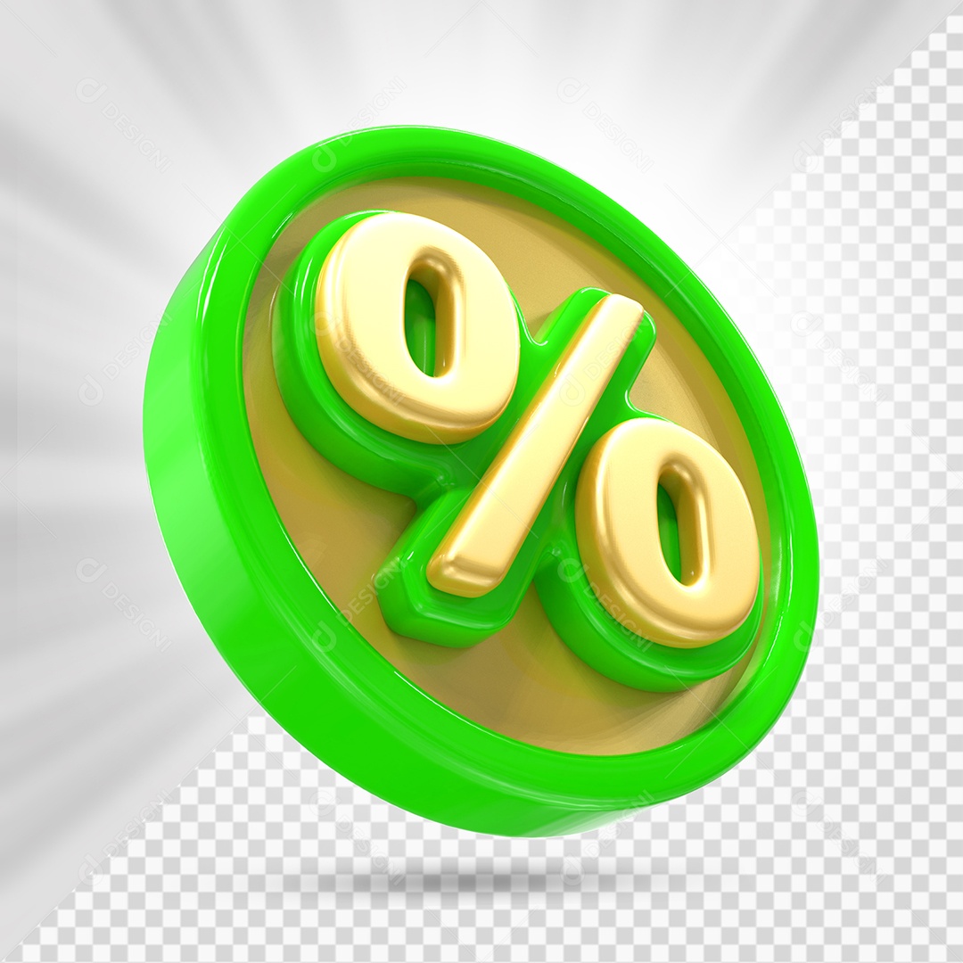 Ícone de Porcentagem Dourado e Verde Elemento 3D para Composição PSD