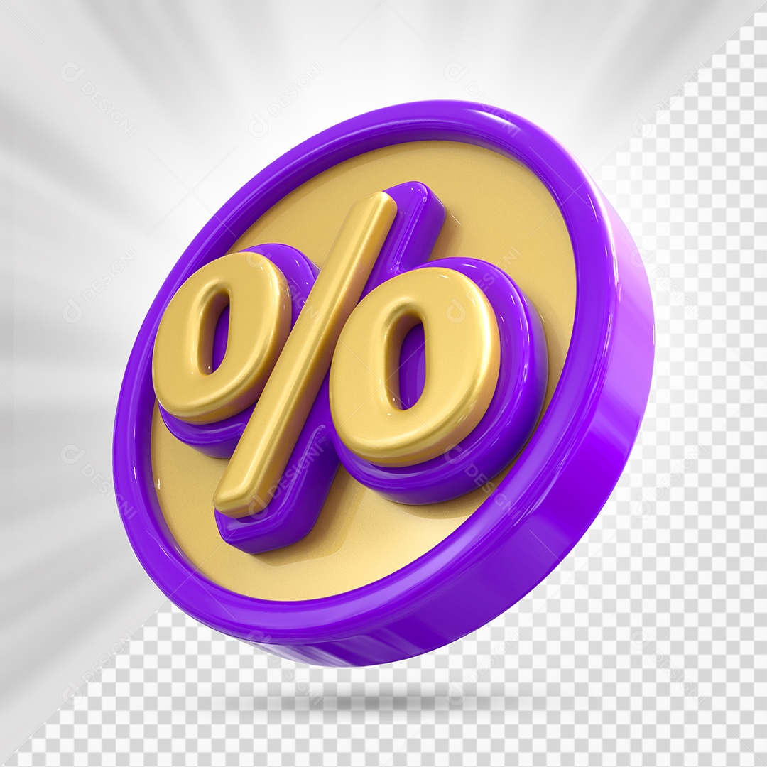 Ícone de Porcentagem Dourado e Roxo Elemento 3D para Composição PSD