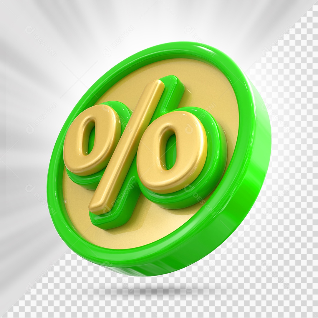 Ícone de Porcentagem Dourado e Verde Elemento 3D para Composição PSD