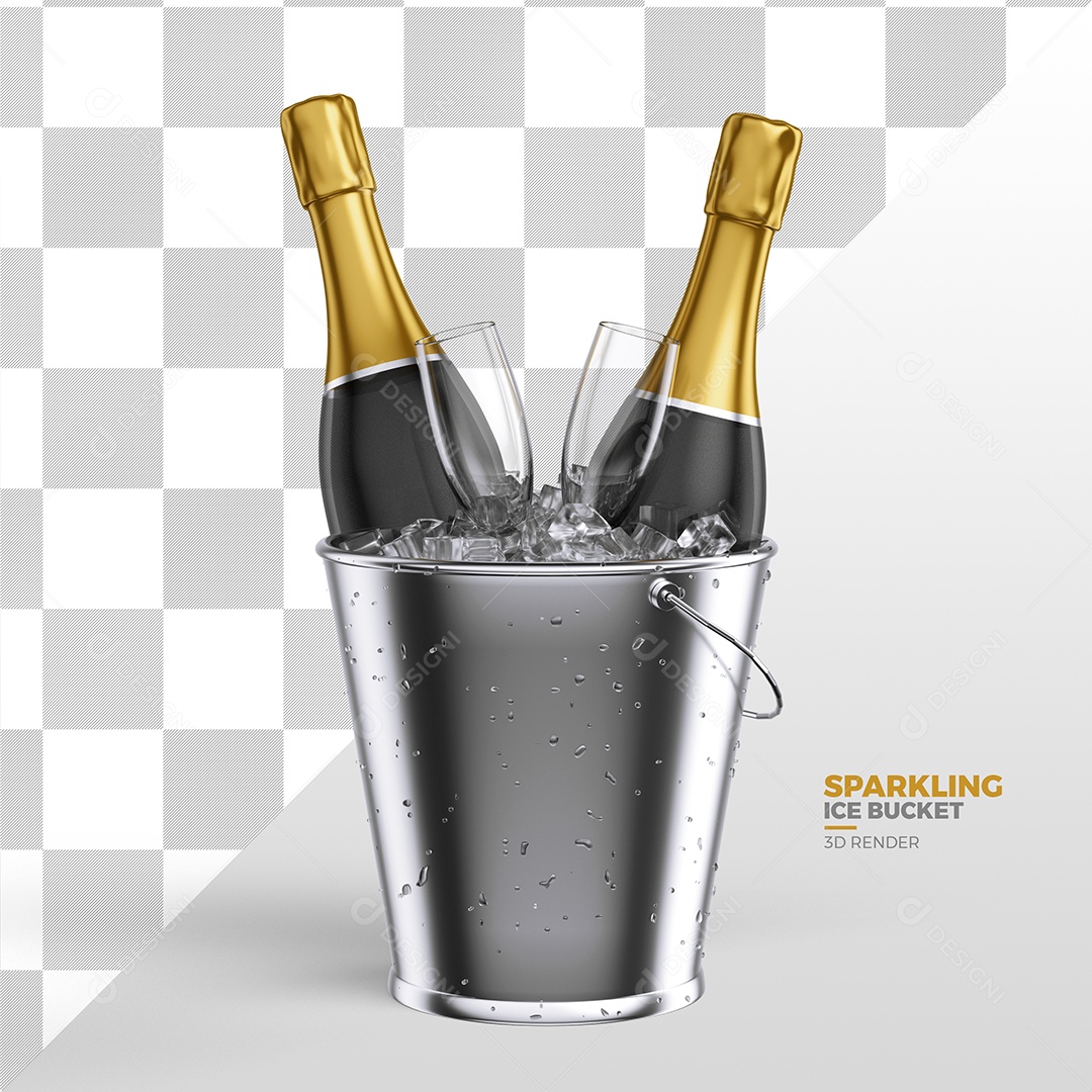 Elemento 3D Para Composição Balde Com Champanhe e Gelo PSD