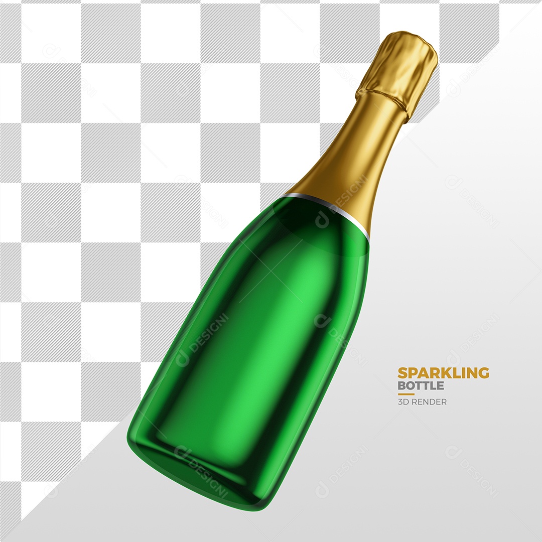 Elemento 3D Para Composição Garrafa de Champanhe Verde e Dourada PSD
