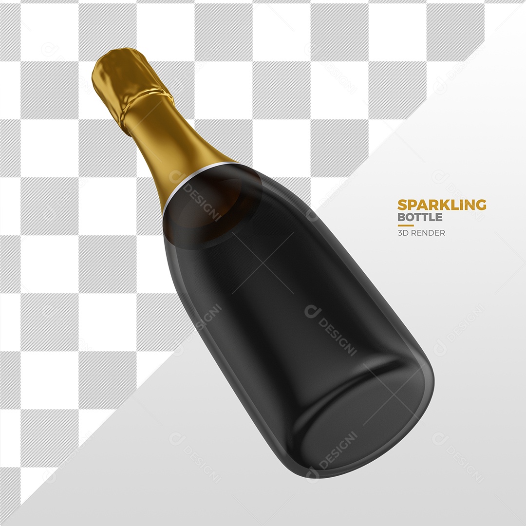 Elemento 3D Para Composição Garrafa de Champanhe Preta e Dourada PSD
