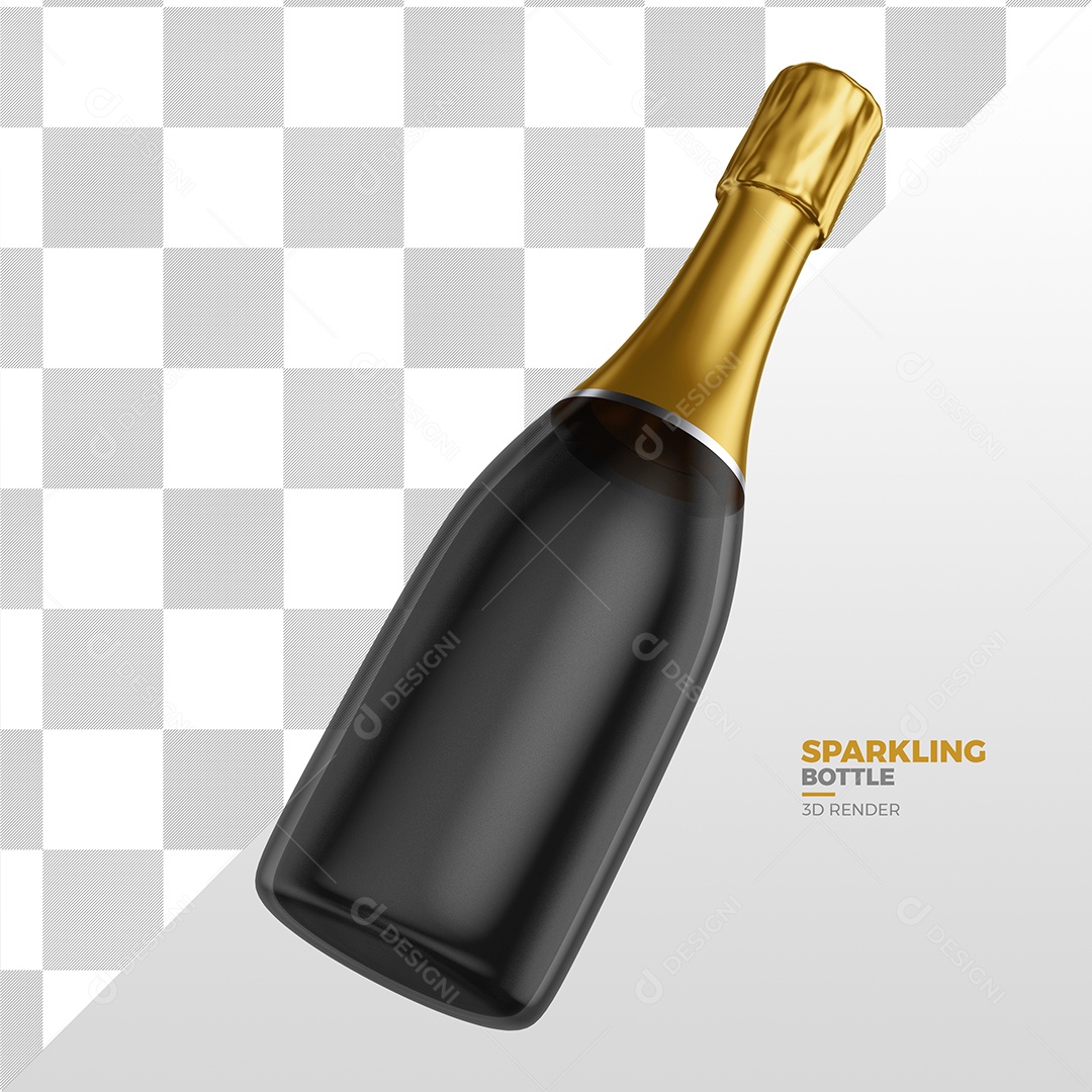 Elemento 3D Para Composição Garrafa de Champanhe Preta e Dourada PSD