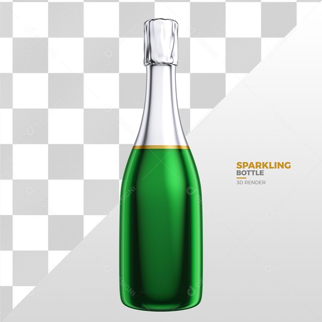Elemento 3D Para Composição Garrafa de Champanhe Verde e Prata PSD