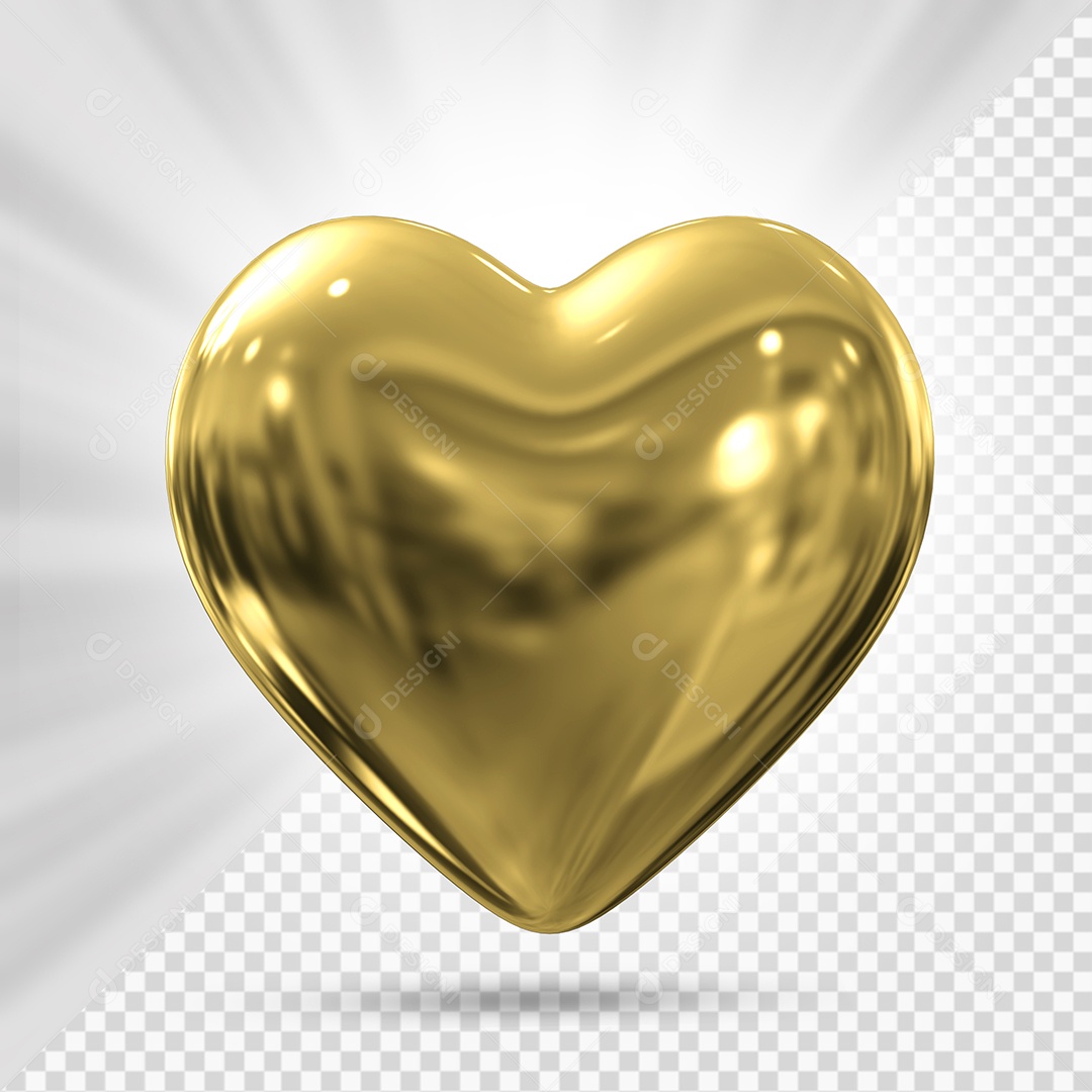 Coração Dourado Elemento 3D para Composição PSD