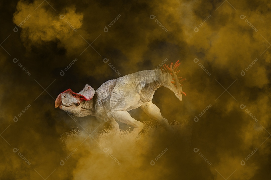 Protoceratops, dinossauro em fundo de fumaça