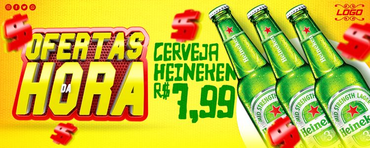 Banner Cervejaria Ofertas da Hora Cerveja Heineken R$3,99 Social Media PSD Editável