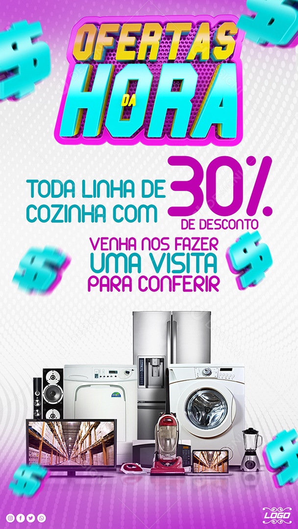 Story Ofertas da Hora Toda Linha de Cozinha Com 30% de Desconto Social Media PSD Editável