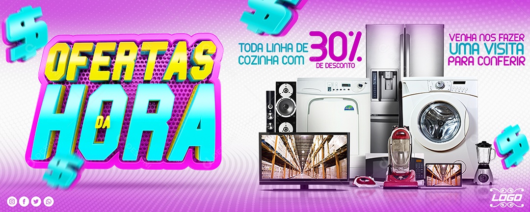 Banner Ofertas da Hora Toda Linha de Cozinha Com 30% de Desconto Social Media PSD Editável