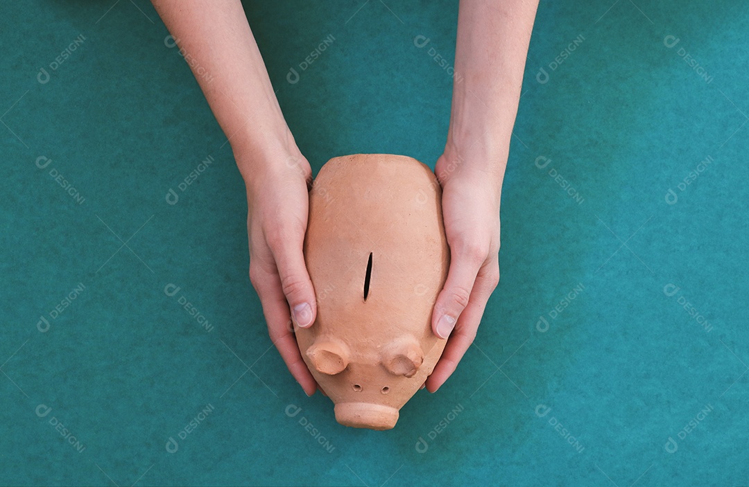 Porco com moedas brasileiras isoladas em fundo azul