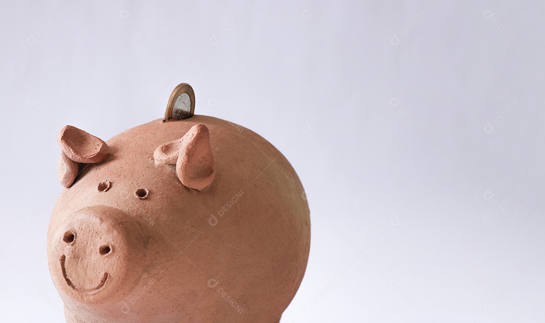 Porco com moedas brasileiras isoladas em fundo branco