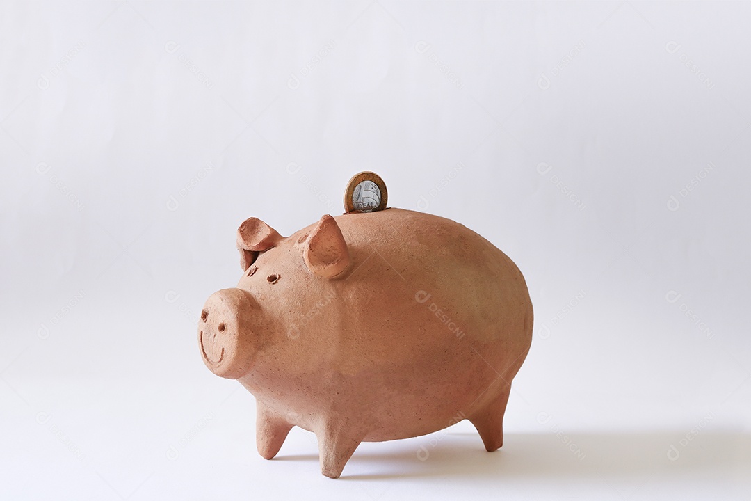 Porco com moedas brasileiras isoladas em fundo branco