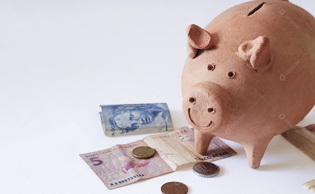 Porco com moedas brasileiras isoladas em fundo branco