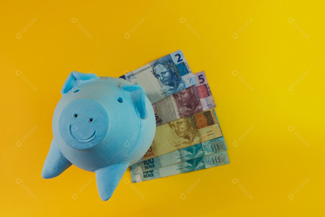 Porco com moedas brasileiras isoladas em fundo amarelo