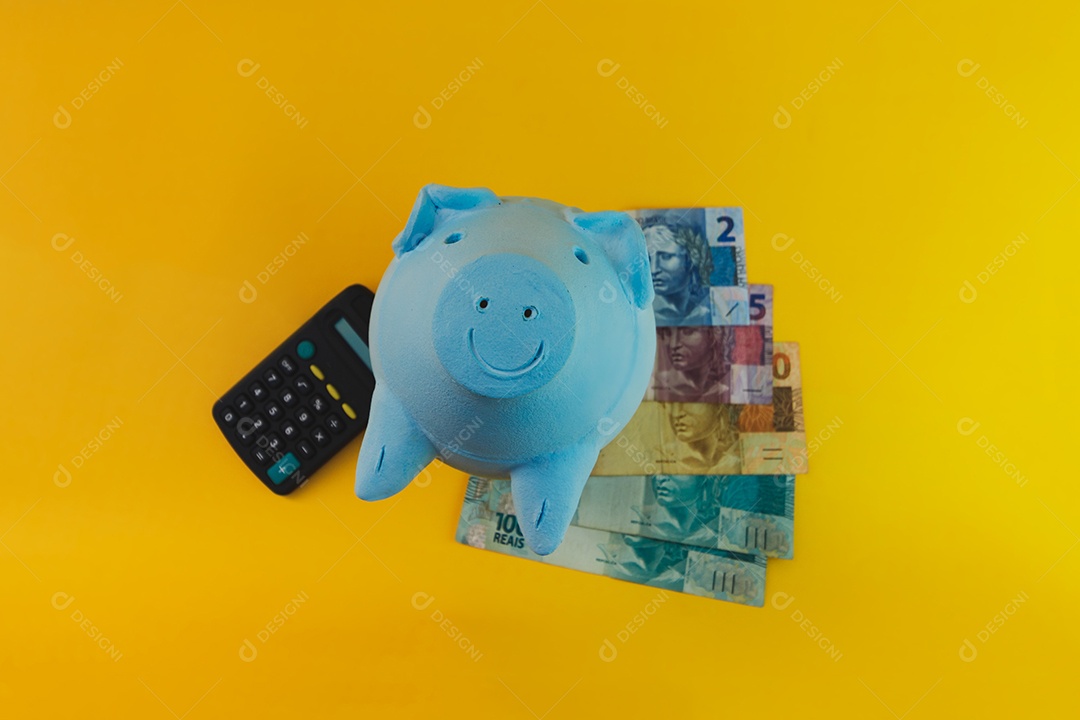 Porco com moedas brasileiras isoladas em fundo amarelo