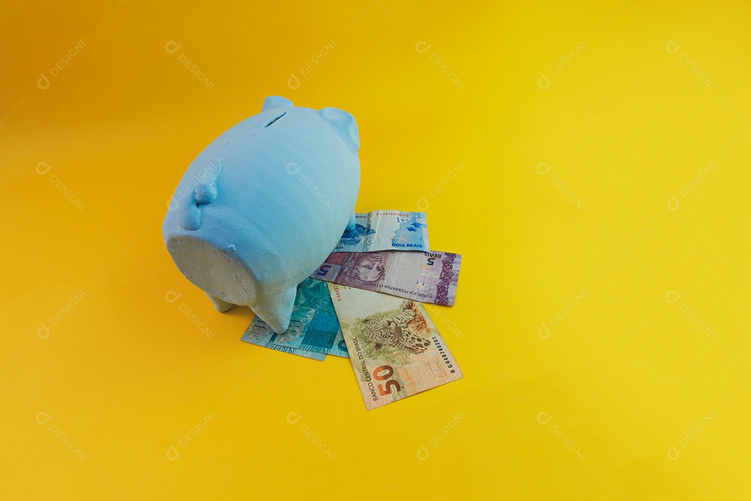 Porco com moedas brasileiras isoladas em fundo amarelo