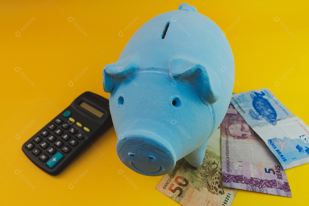 Porco com moedas brasileiras isoladas em fundo amarelo