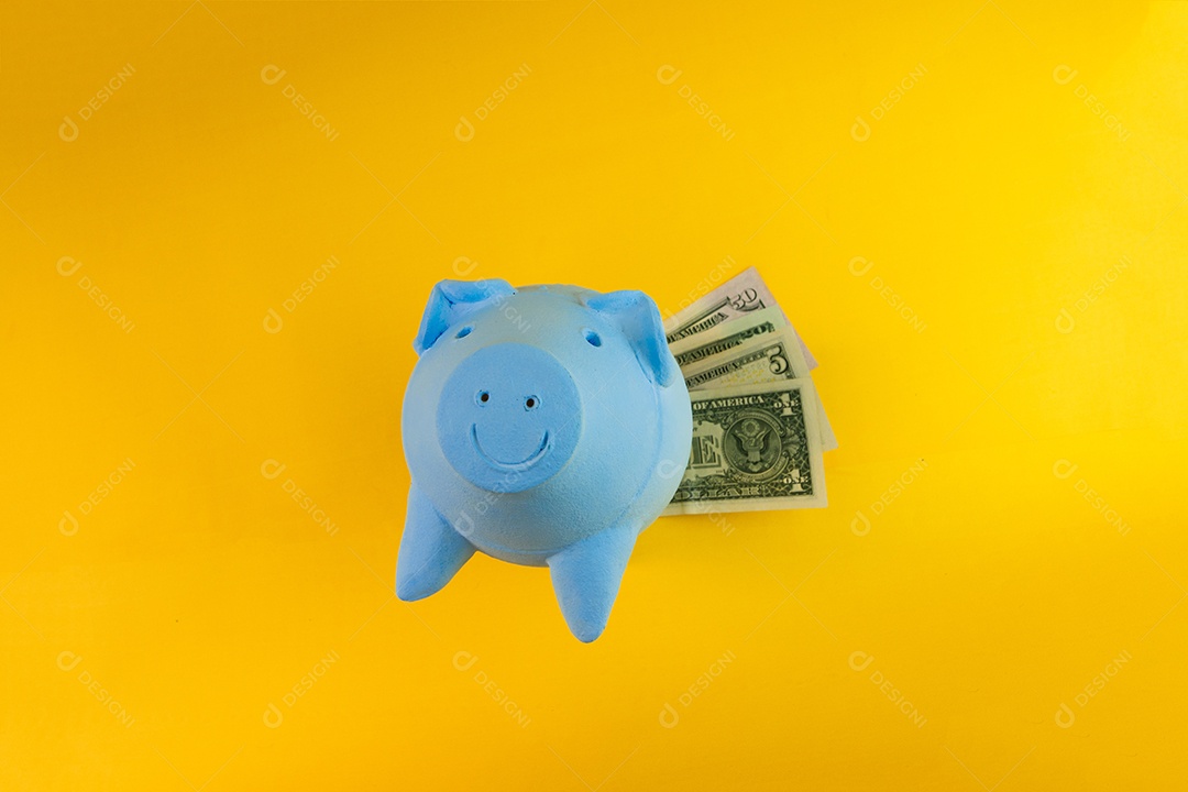 Porco com moedas brasileiras isoladas em fundo amarelo